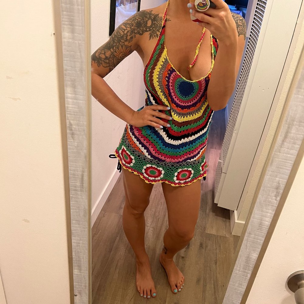 Unique Rainbow Crochet Festival Rave Beach Top - Tunic - Mini Dress - Coverup